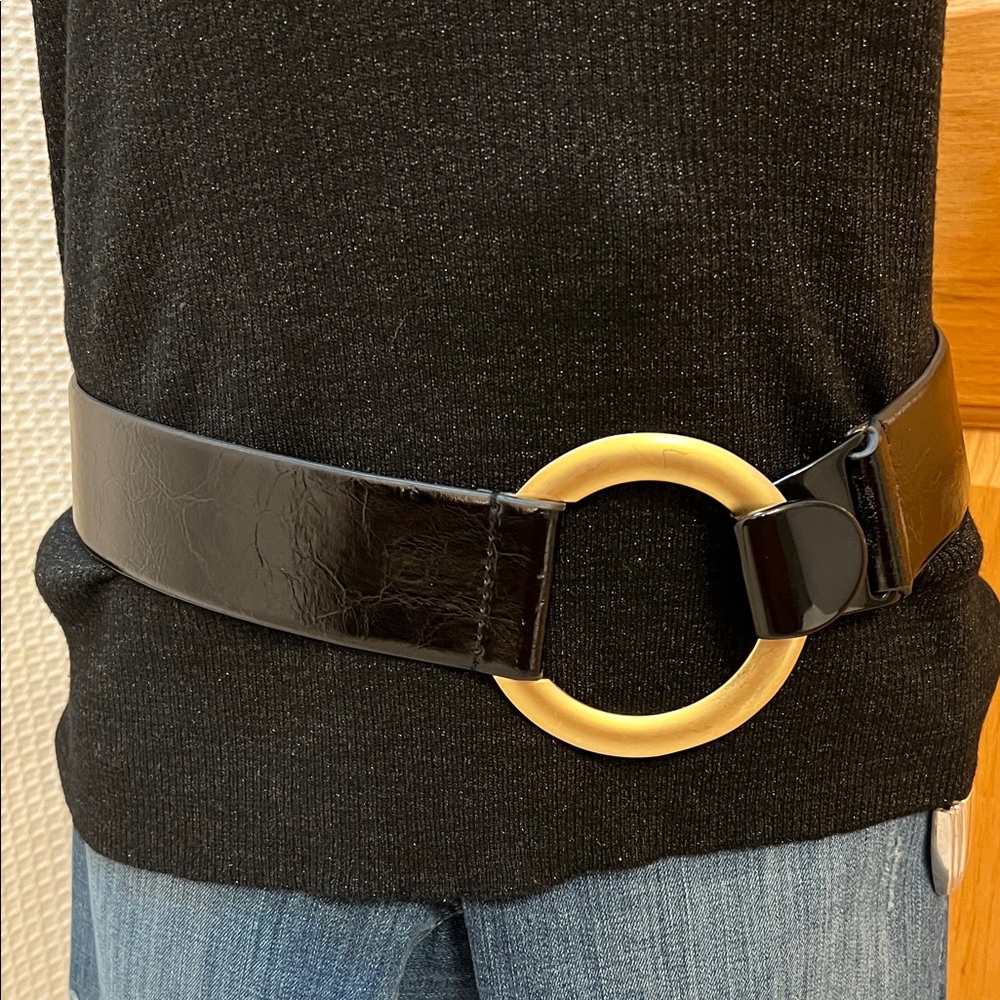 Chico’s High Shine Genuine Black Leather Belt With Gold Clasp Buckle Size S/M